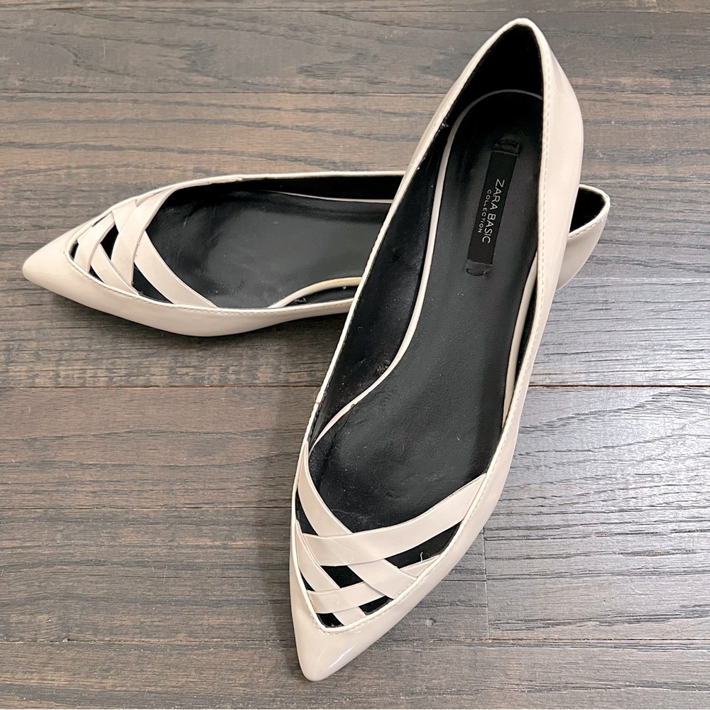 ZARA BASIC CROSS-STRAP FLAT SHOES / Ecru / EUR 38 / US 7.5